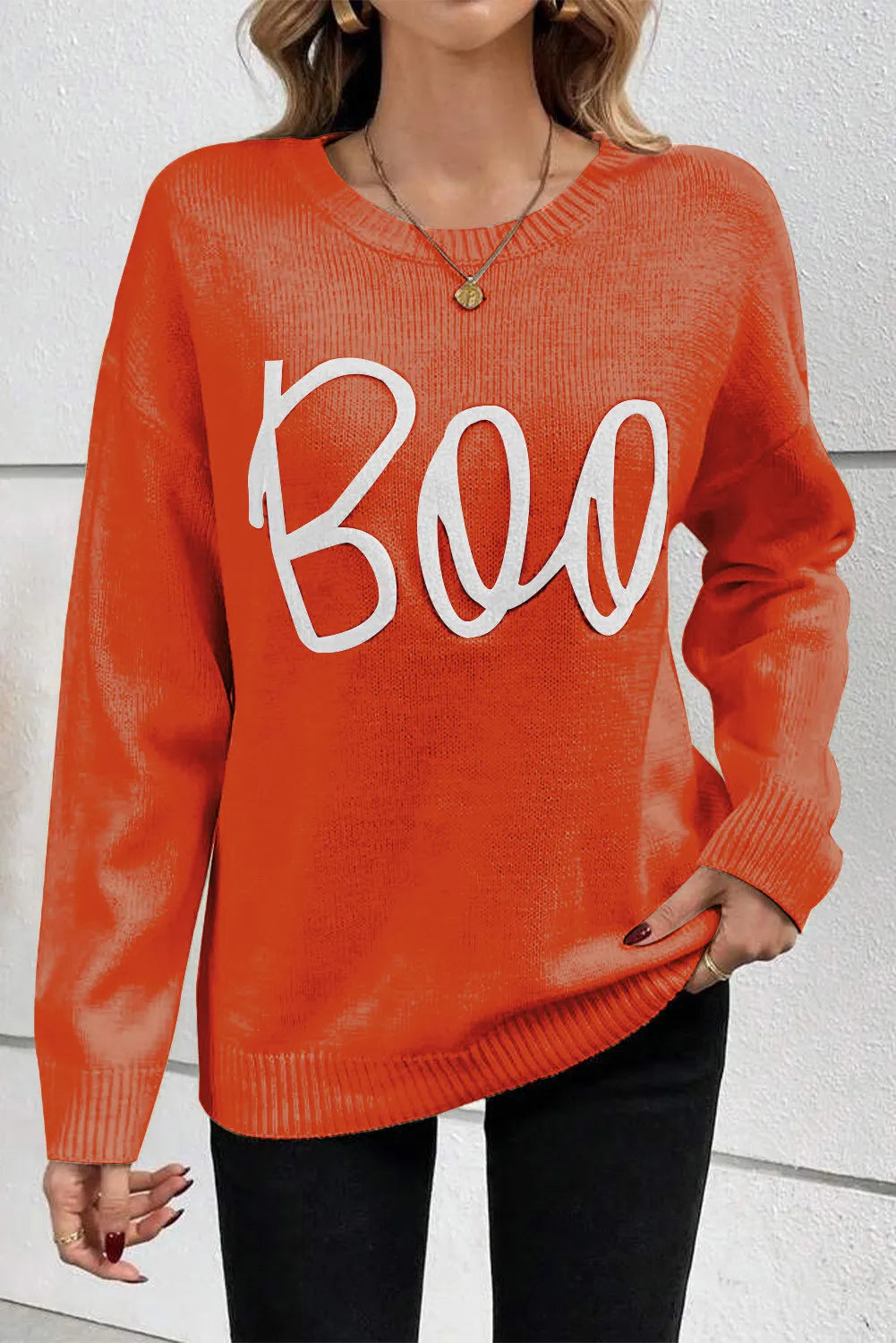 BOO Round Neck Long Sleeve Sweater-Angel Casuals