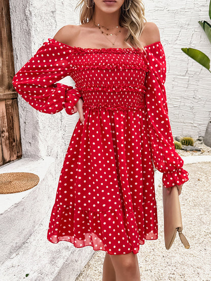 Smocked Polka Dot Long Sleeve Dress-Angel Casuals