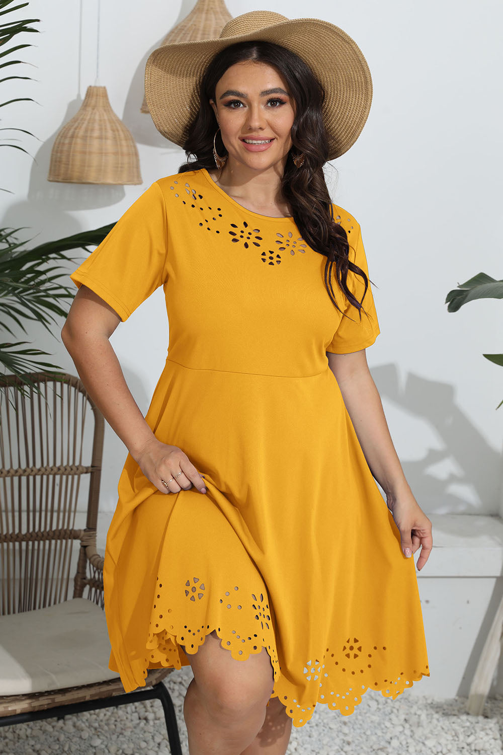 Plus Size Round Neck Openwork Dress-Angel Casuals