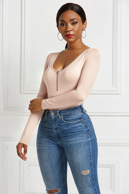 Half Zip Scoop Neck Long Sleeve Bodysuit-Angel Casuals