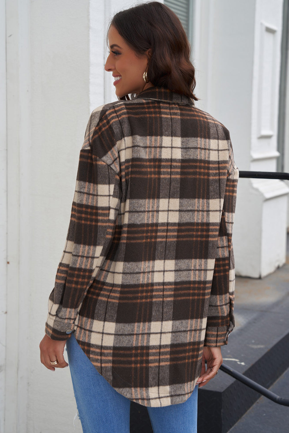 Plaid Curved Hem Dropped Shoulder Longline Shirt Jacket-Angel Casuals