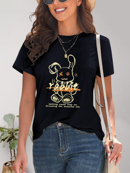 Rabbit Graphic Round Neck Short Sleeve T-Shirt-Angel Casuals