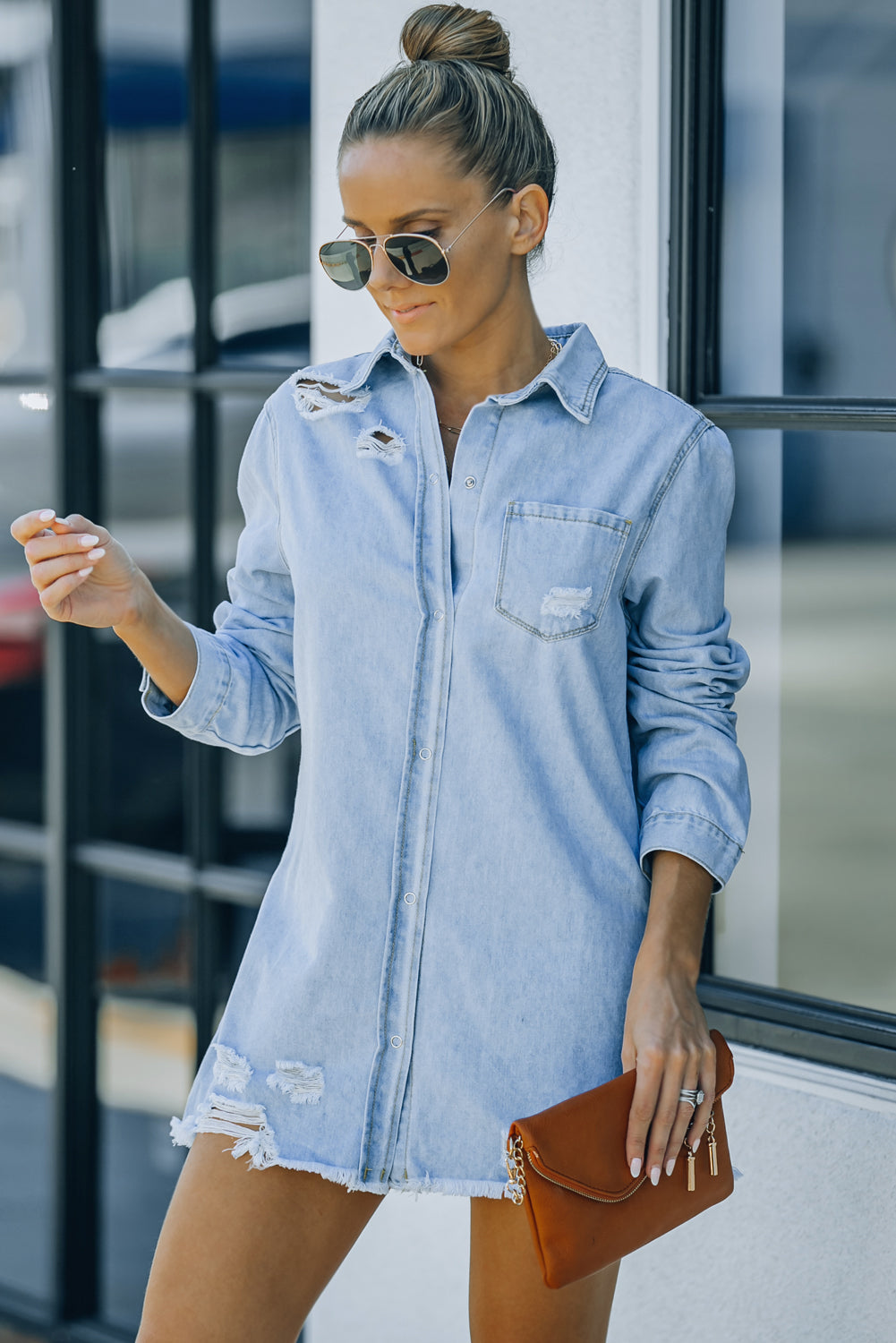 Distressed Snap Down Denim Jacket-Angel Casuals