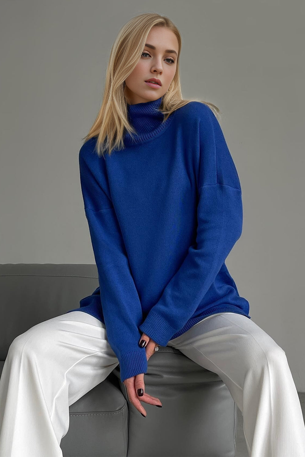 Basic Bae Side Slit Turtleneck Dropped Shoulder Sweater-Angel Casuals