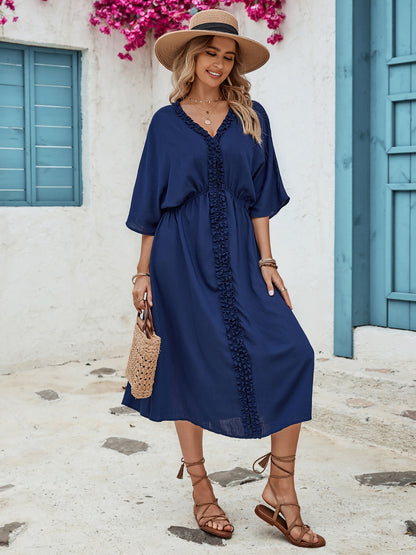 Frill Slit V-Neck Three-Quarter Sleeve Dress-Angel Casuals