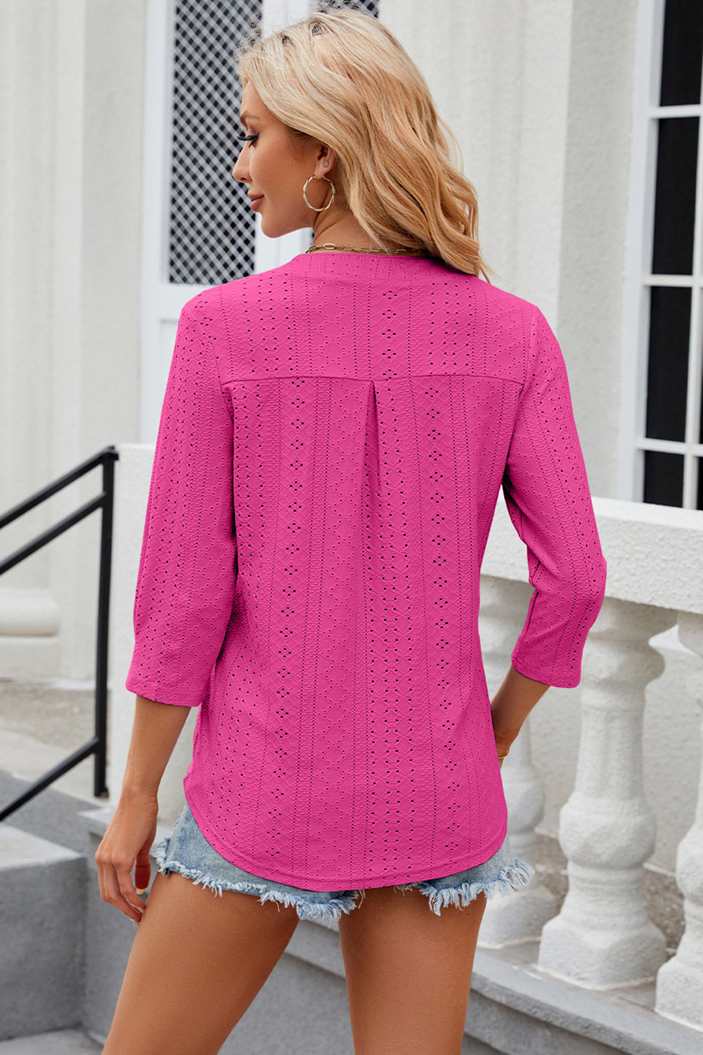 Eyelet Notched Knit Jacquard Top-Angel Casuals