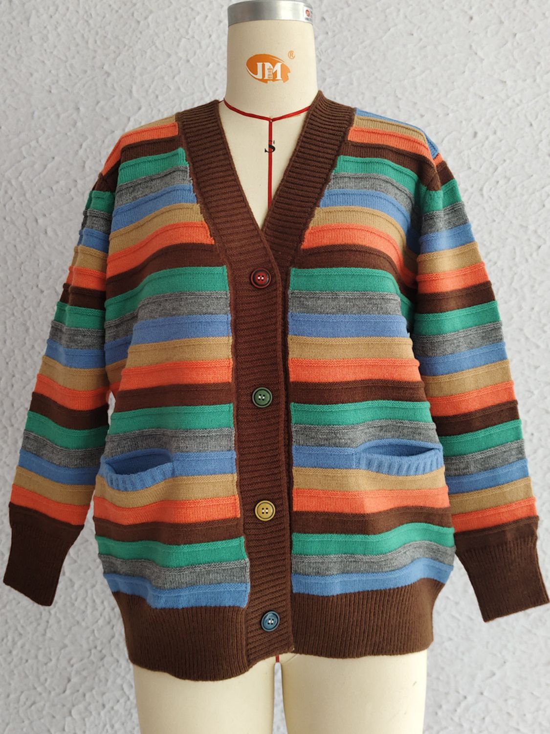 Contrast Stripes Button Up Long Sleeve Cardigan-Angel Casuals