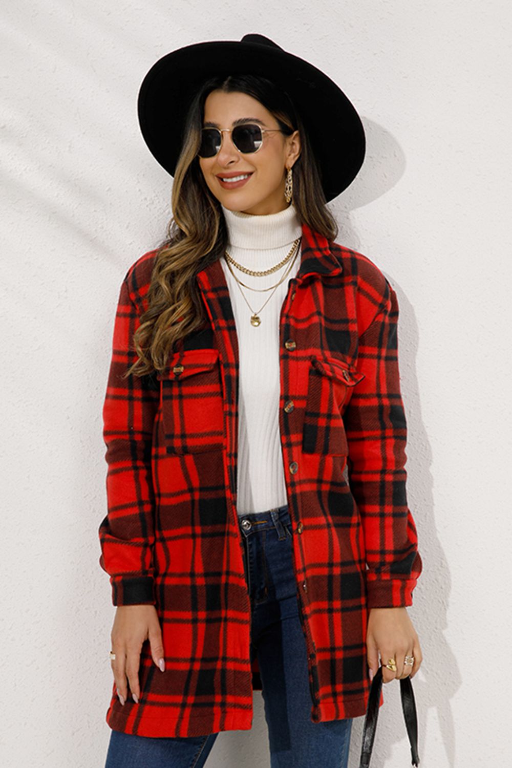 Shiny Plaid Collared Longline Coat-Angel Casuals