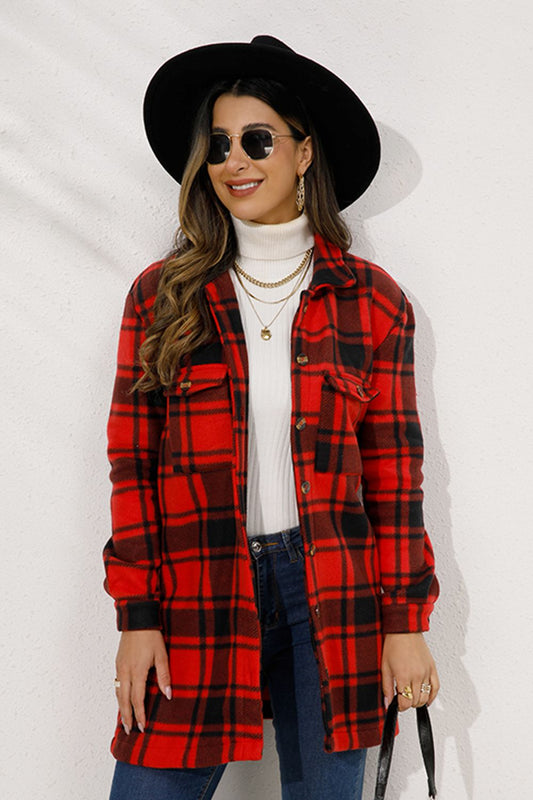 Shiny Plaid Collared Longline Coat-Angel Casuals