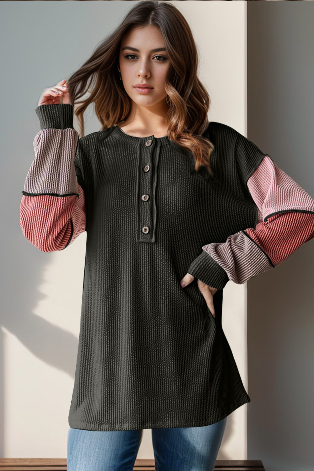 Double Take Full Size Color Block Round Neck Long Sleeve T-Shirt-Angel Casuals
