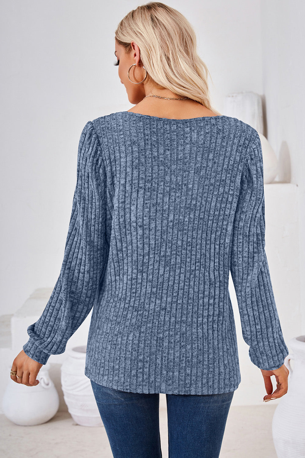 Ribbed Square Neck Long Sleeve T-Shirt-Angel Casuals