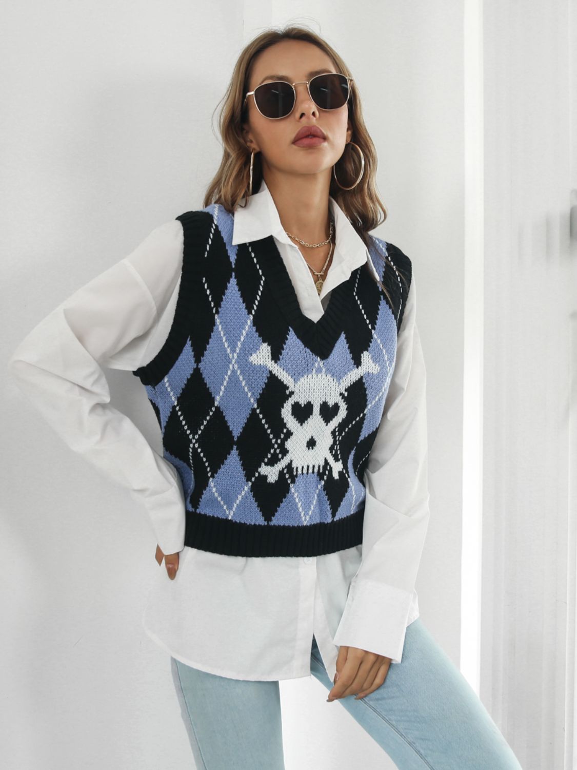 Skull Geometric V-Neck Sweater Vest-Angel Casuals