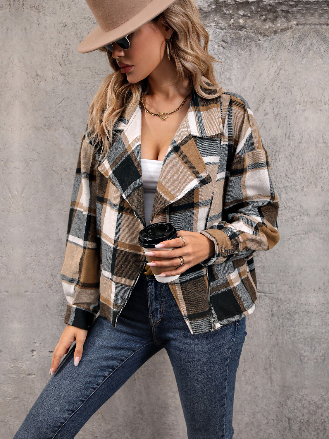 Perfee Plaid Collared Neck Long Sleeve Jacket-Angel Casuals