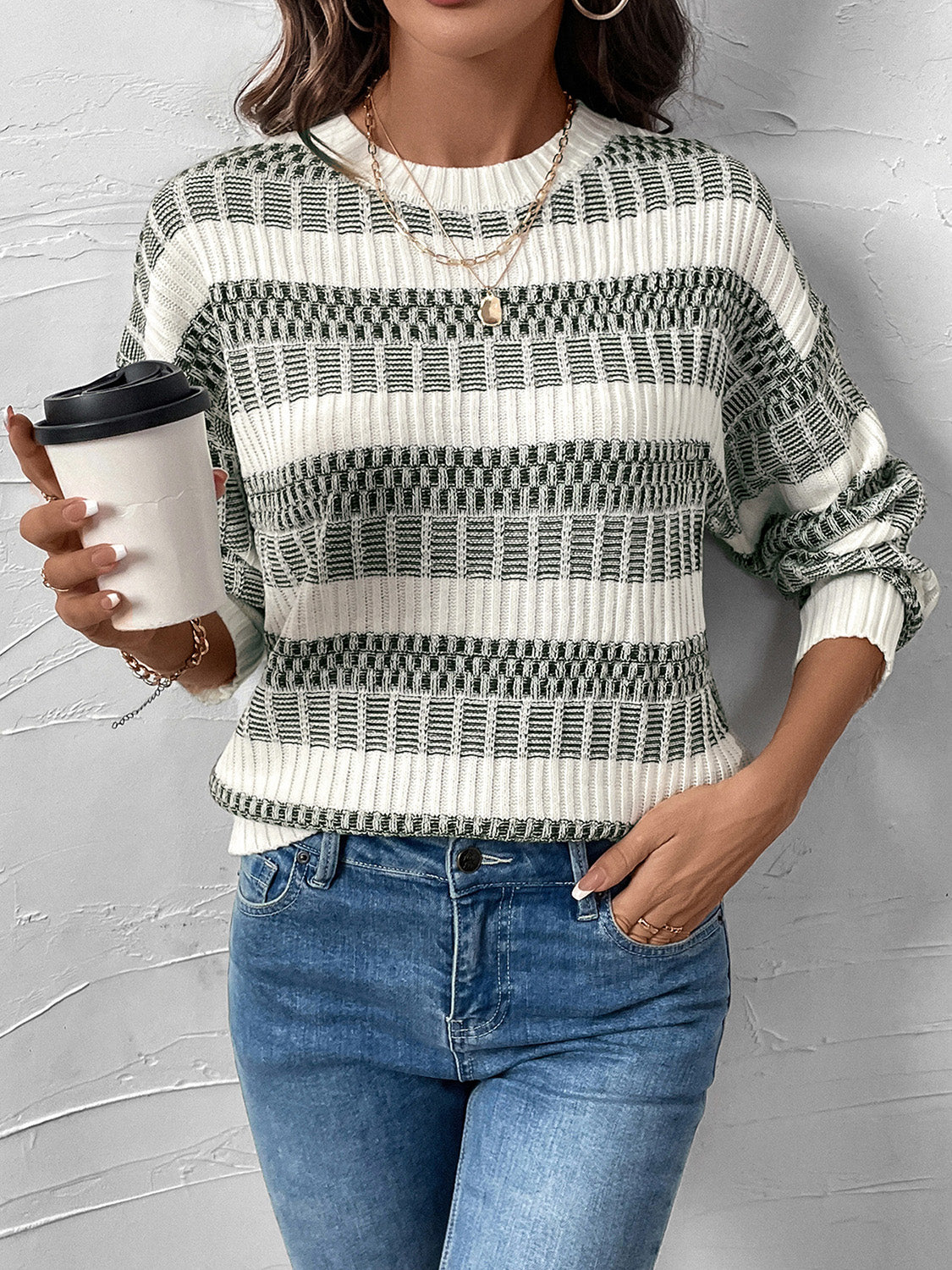 Perfee Contrast Round Neck Long Sleeve Sweater-Angel Casuals