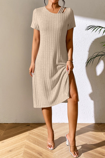 Ribbed Asymmetrical Neck Short Sleeve Dress-Angel Casuals