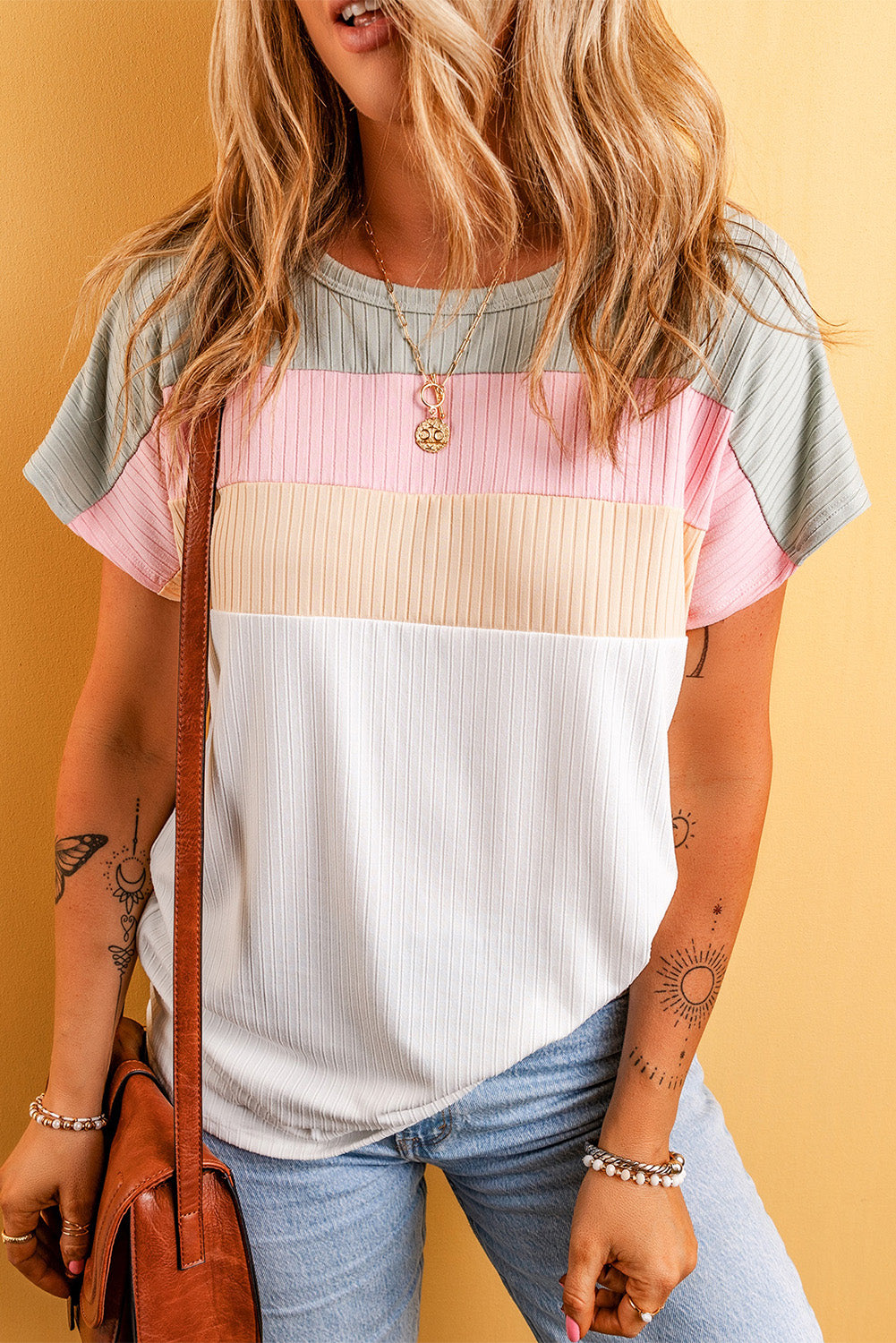 Color Block Round Neck Short Sleeve T-Shirt-Angel Casuals