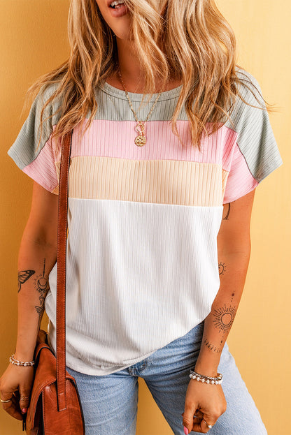 Color Block Round Neck Short Sleeve T-Shirt-Angel Casuals
