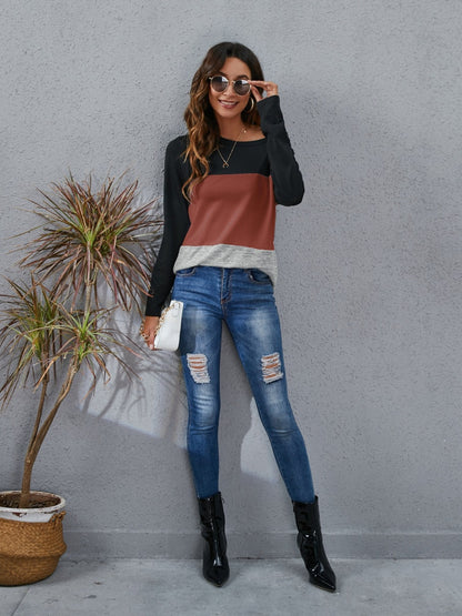 Color Block Round Neck Long Sleeve T-Shirt-Angel Casuals
