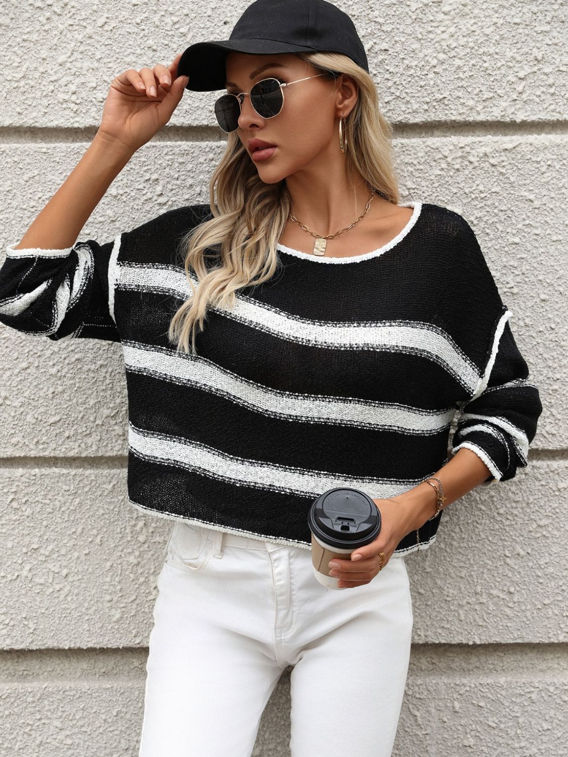 Striped Round Neck Long Sleeve Sweater-Angel Casuals