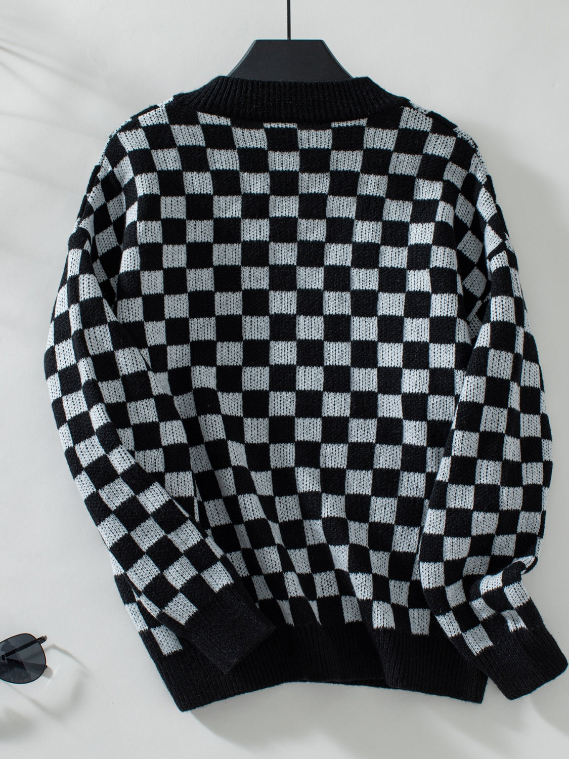 Checkered V-Neck Dropped Shoulder Sweater-Angel Casuals