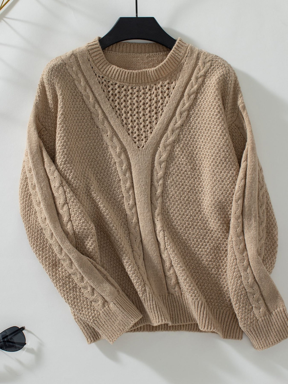 Openwork Cable-Knit Round Neck Long Sleeve Sweater-Angel Casuals