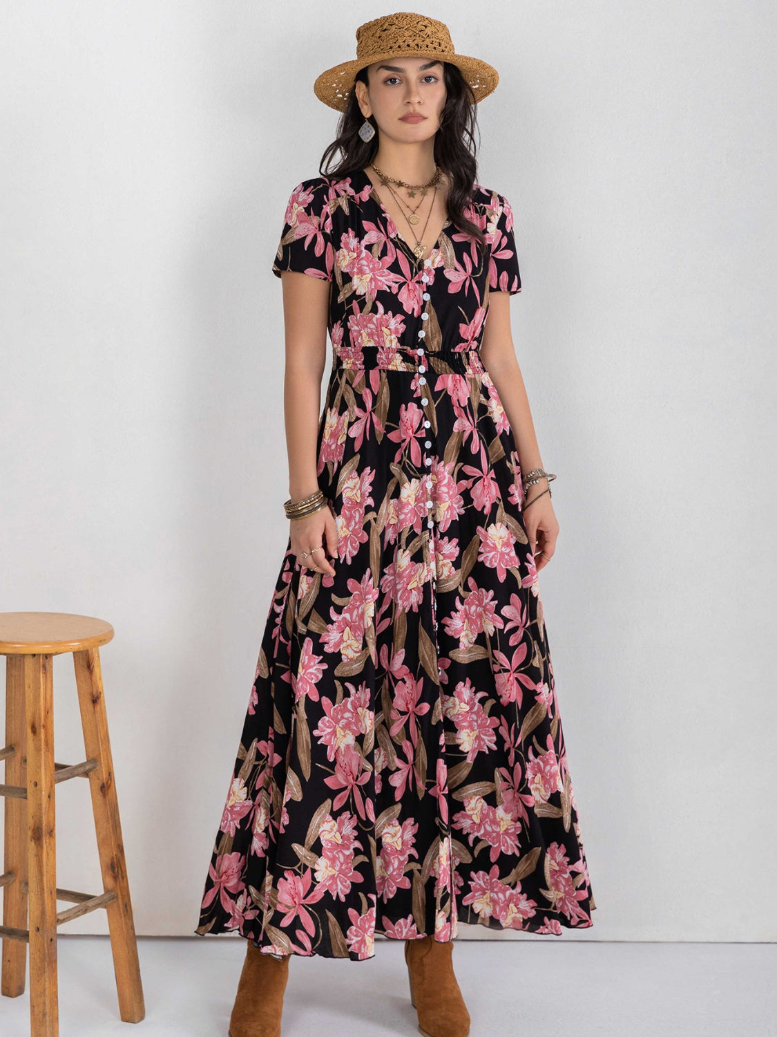 Floral V-Neck Slit Dress-Angel Casuals