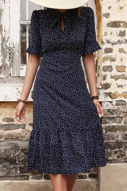 Polka Dot Tie Front Ruffled Midi Dress-Angel Casuals