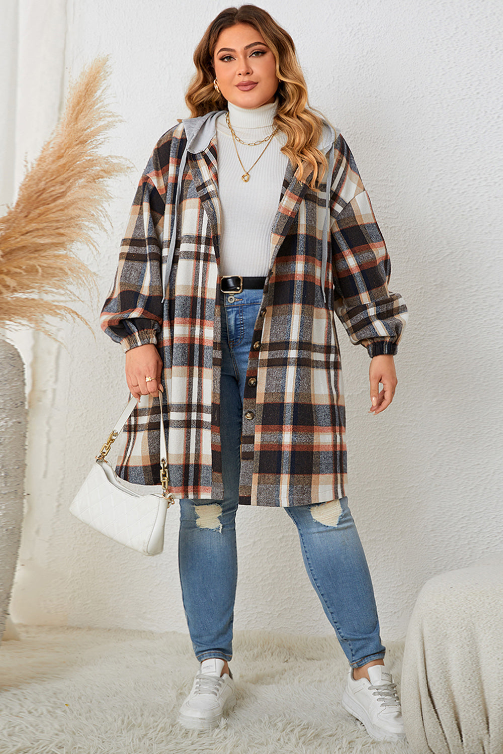 Honey Plus Size Plaid Drop Shoulder Hooded Coat-Angel Casuals