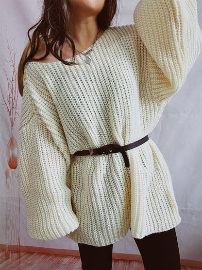 Boat Neck Long Sleeve Sweater with Belt-Angel Casuals