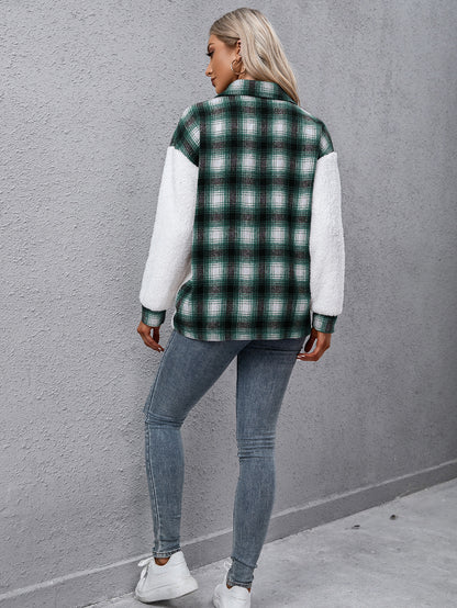 Plaid Collared Neck Button Down Jacket-Angel Casuals