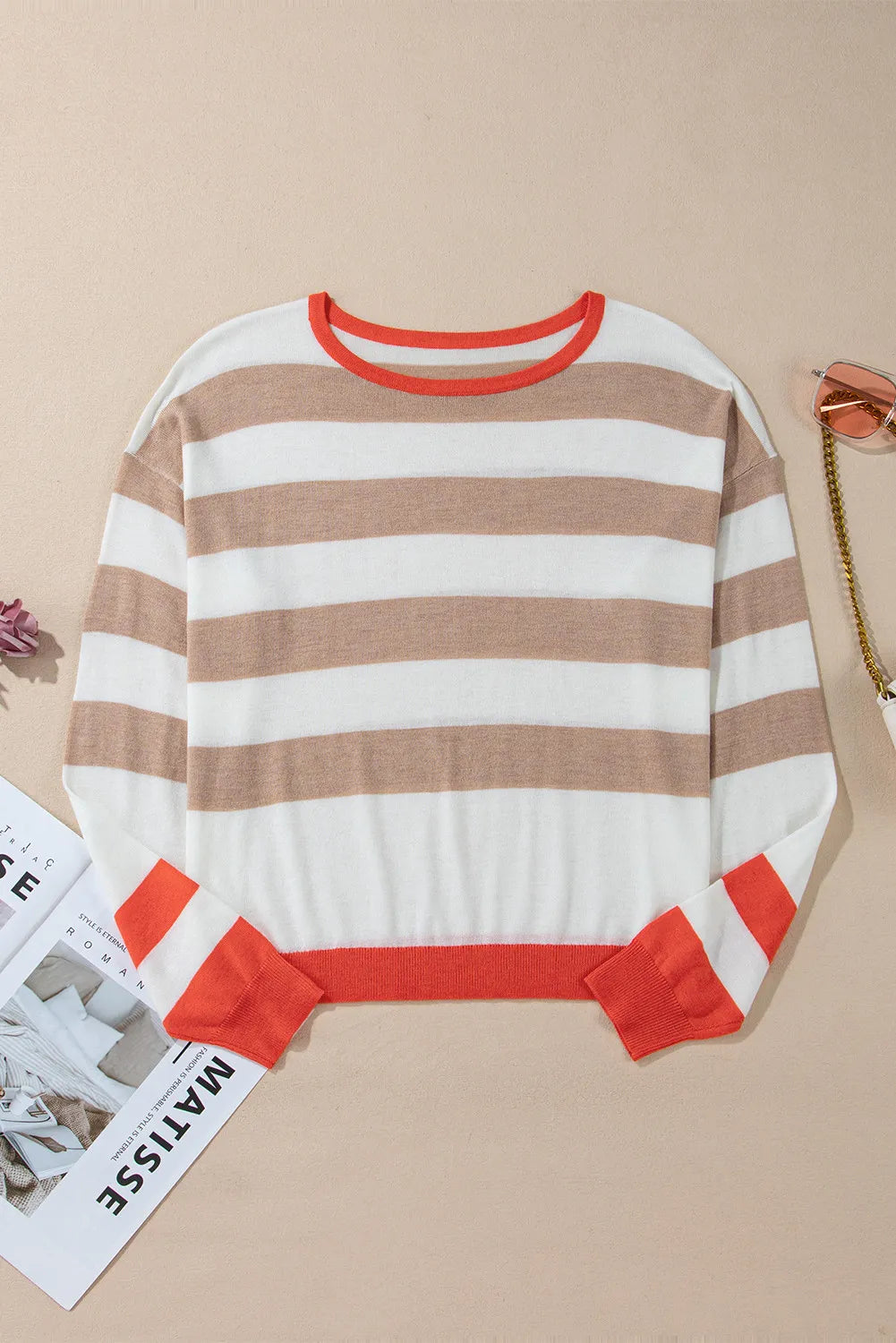 Contrast Striped Round Neck Long Sleeve Knit Top-Angel Casuals