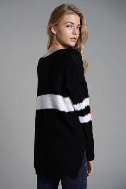 Slit Contrast V-Neck Long Sleeve Sweater-Angel Casuals