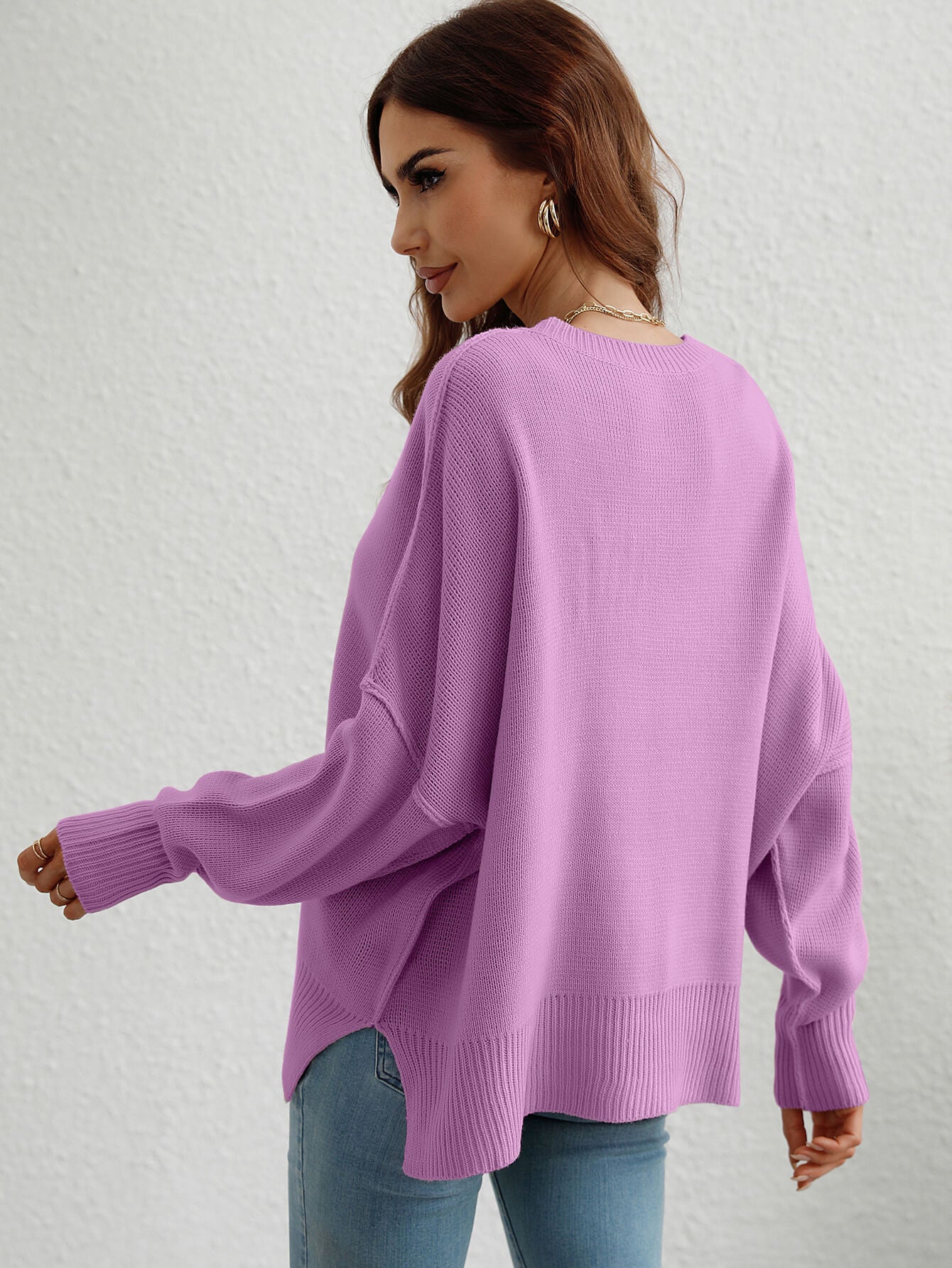 Exposed Seam Dropped Shoulder Slit Sweater-Angel Casuals