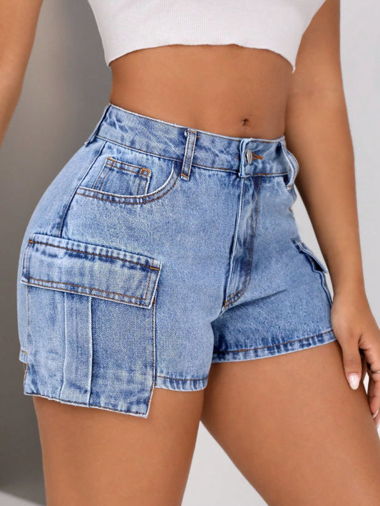 Mid-Rise Waist Denim Shorts with Pockets-Angel Casuals