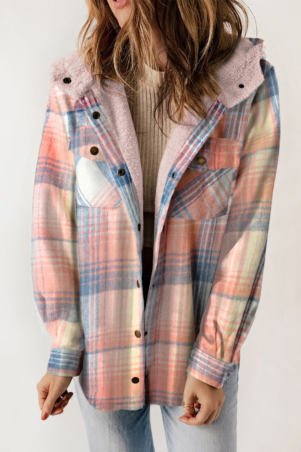 Plaid Snap Down Hooded Jacket-Angel Casuals