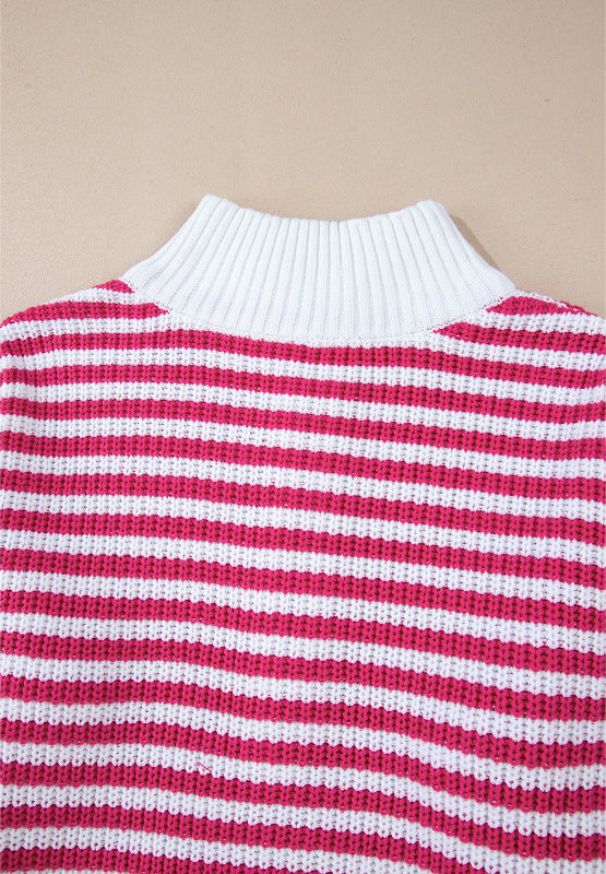 Striped Half Zip Mock Neck Long Sleeve Sweater-Angel Casuals