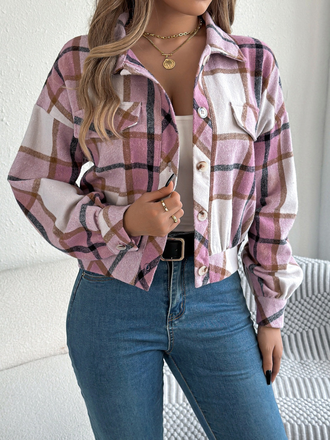 Plaid Button Up Long Sleeve Jacket-Angel Casuals