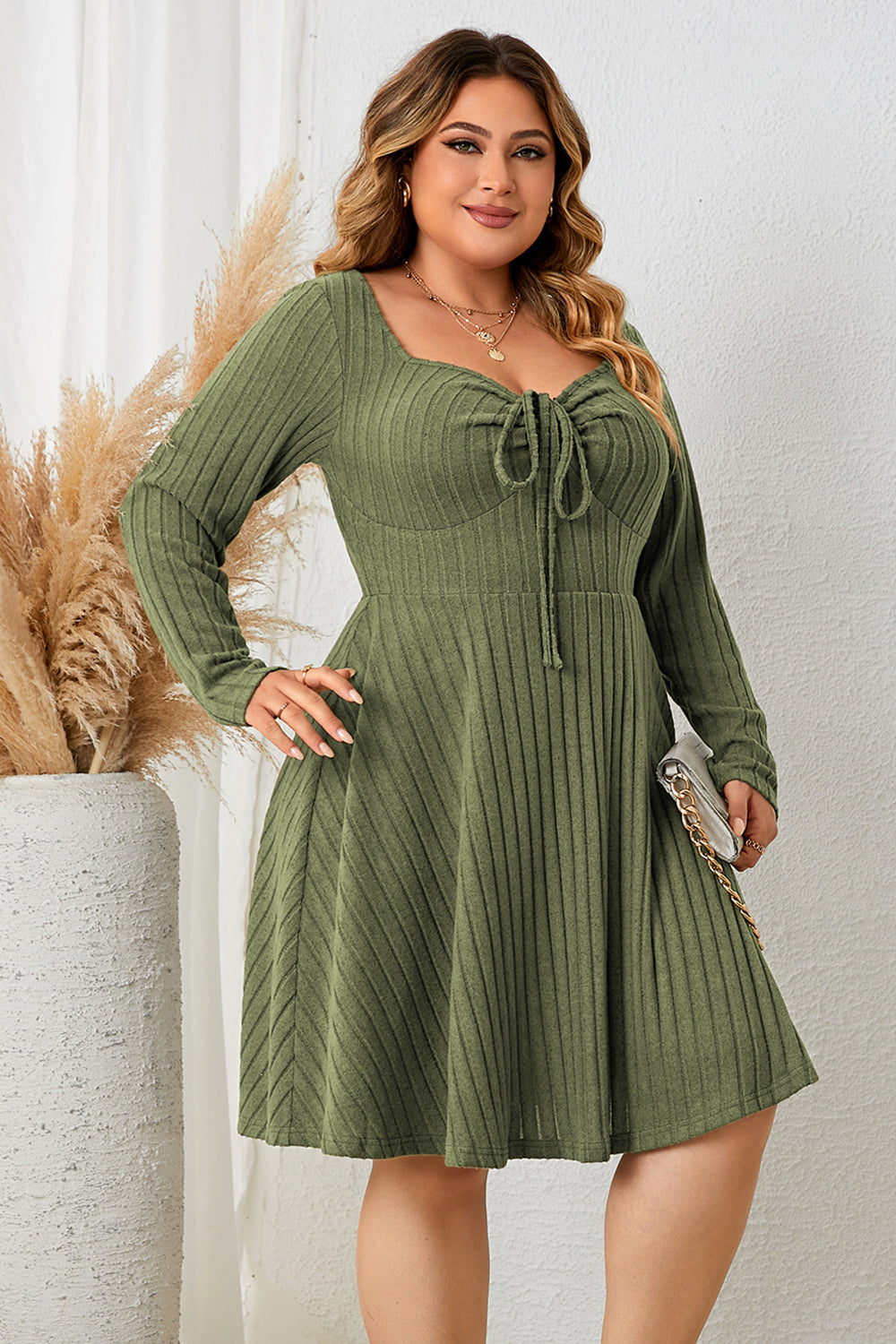 Plus Size Sweetheart Neck Long Sleeve Ribbed Dress-Angel Casuals