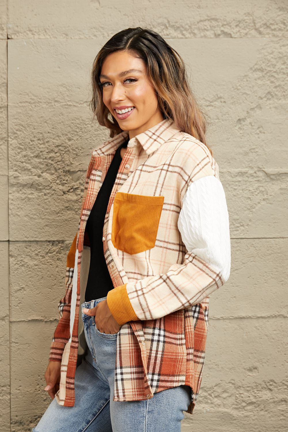 Double Take Plaid Color Block Dropped Shoulder Shacket-Angel Casuals