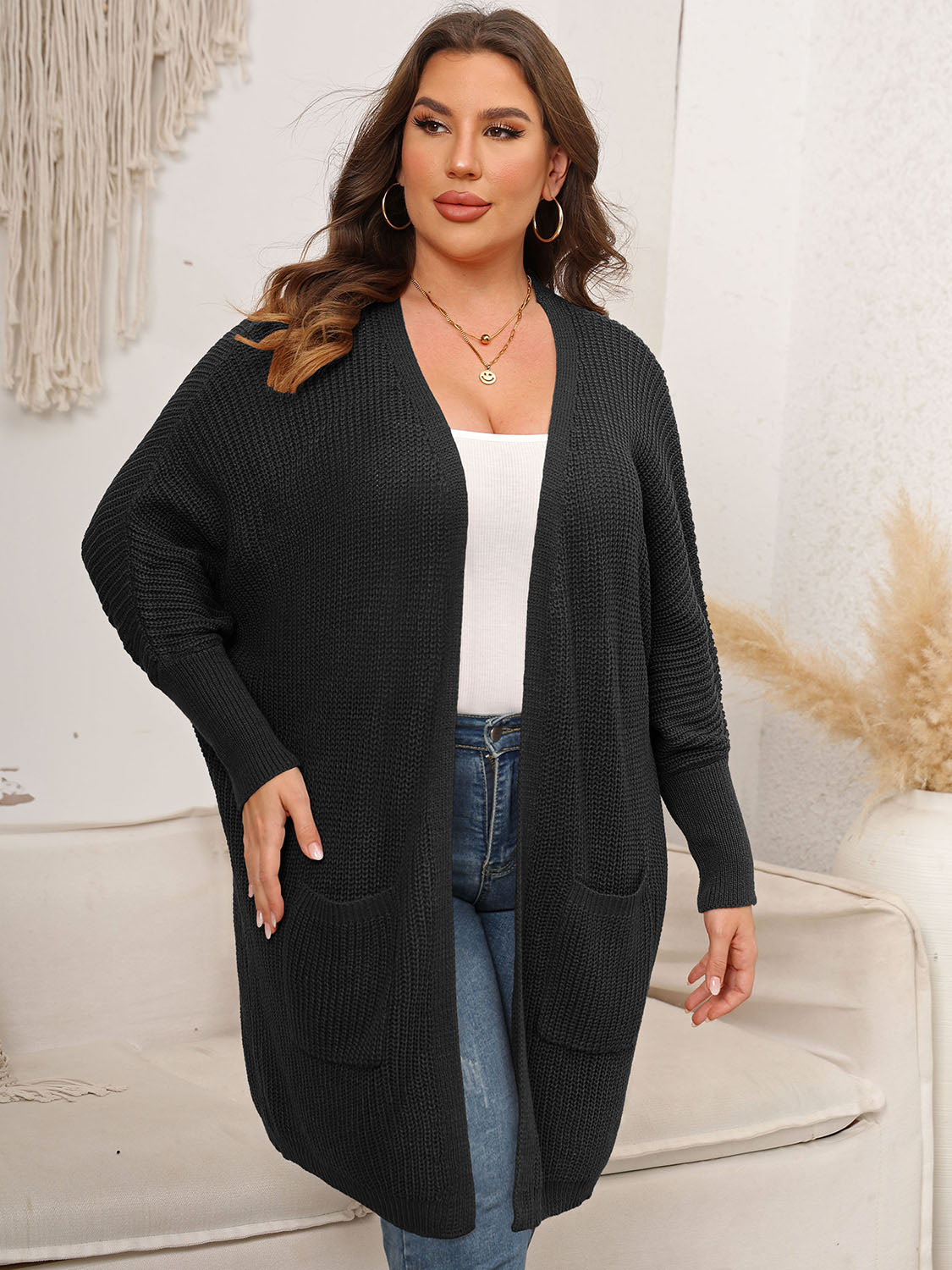 Plus Size Open Front Cardigan With Pockets-Angel Casuals