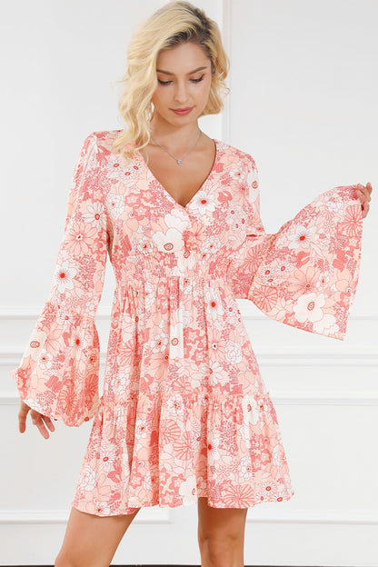 Smocked Printed Flare Sleeve Mini Dress-Angel Casuals