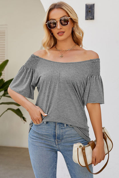 Smocked Round Neck Flutter Sleeve T-Shirt-Angel Casuals