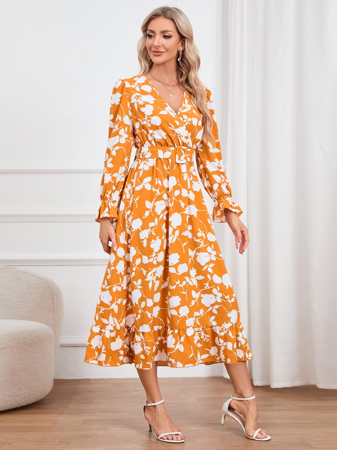 Floral Surplice Flounce Sleeve Ruffle Hem Dress-Angel Casuals