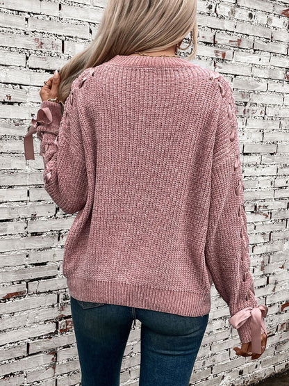 Lace Up Round Neck Long Sleeve Sweater-Angel Casuals