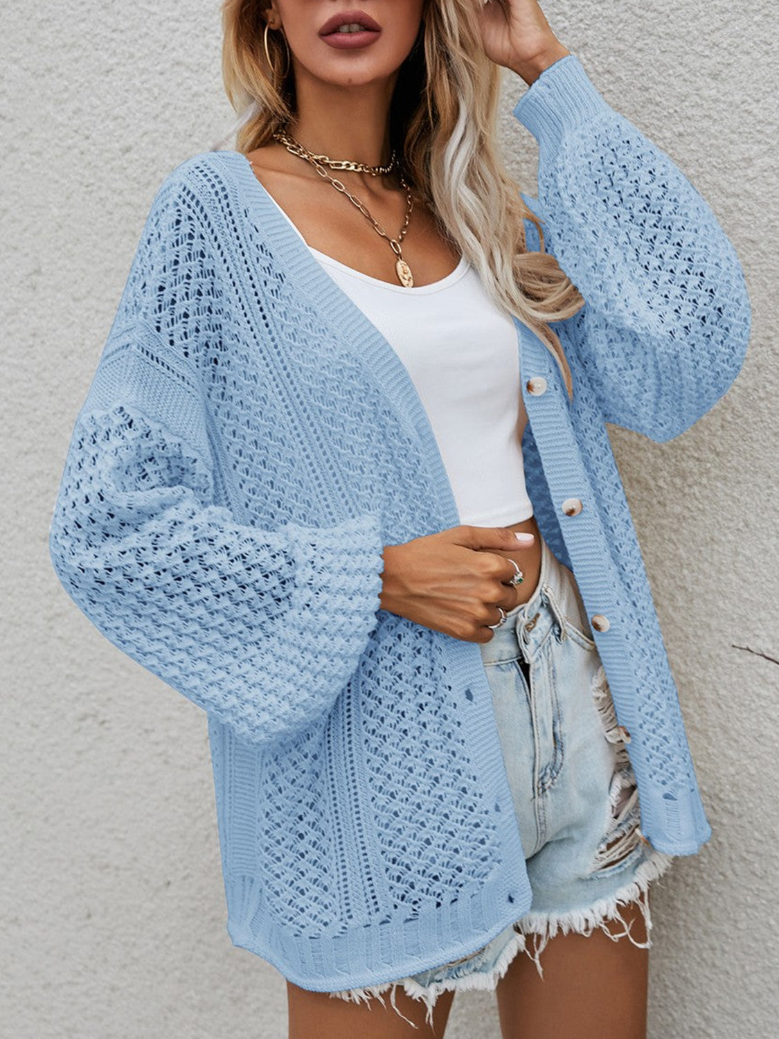 Openwork Button Front Cardigan-Angel Casuals