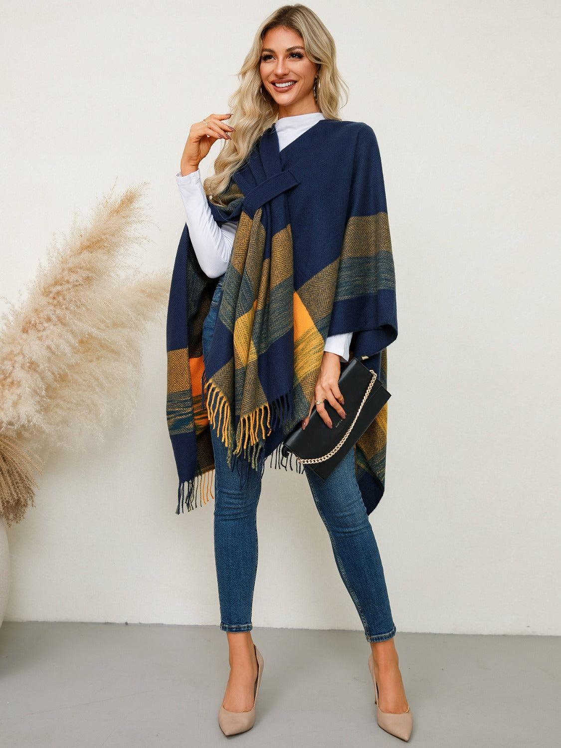 Fringe Contrast Plaid Poncho-Angel Casuals