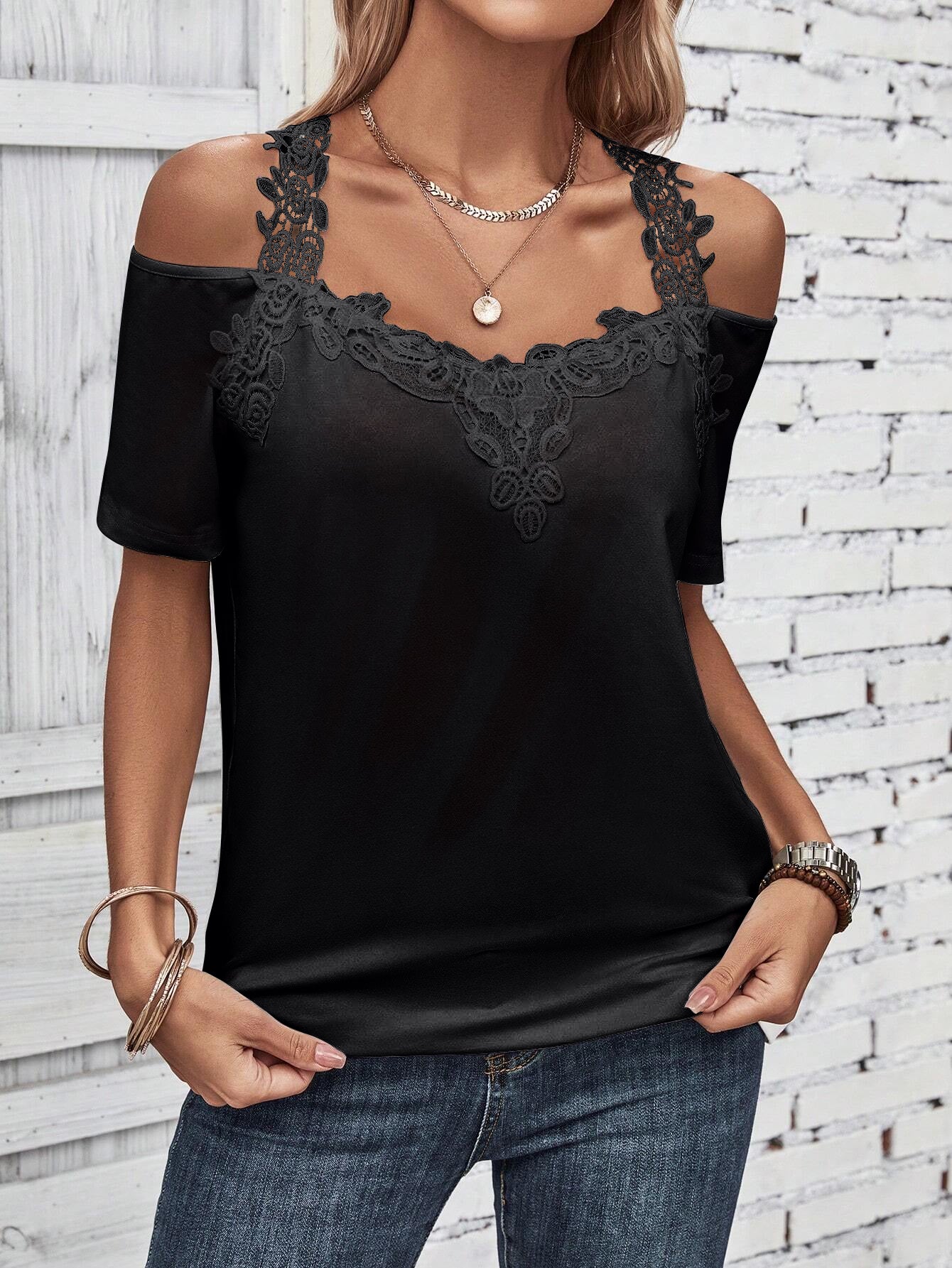 Full Size Lace Detail Short Sleeve T-Shirt-Angel Casuals