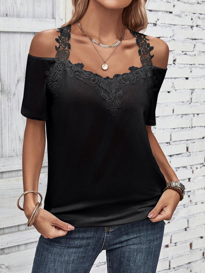 Full Size Lace Detail Short Sleeve T-Shirt-Angel Casuals