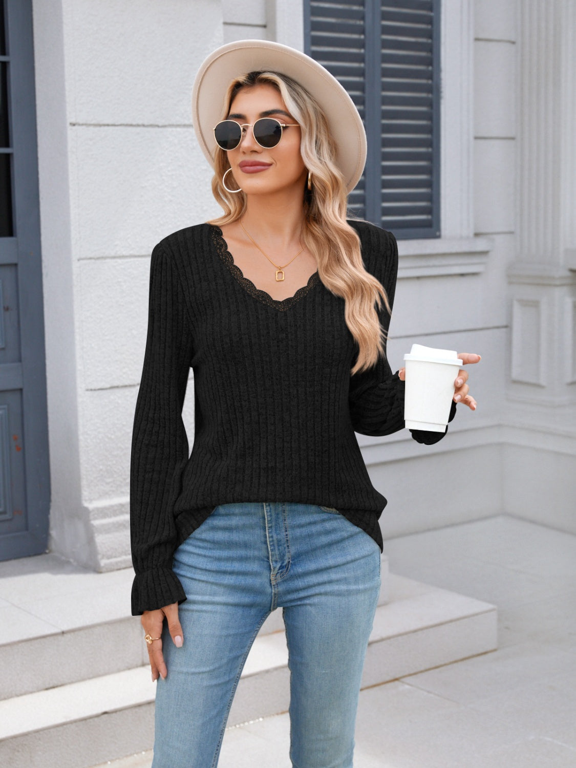 Lace Detail V-Neck Long Sleeve T-Shirt-Angel Casuals