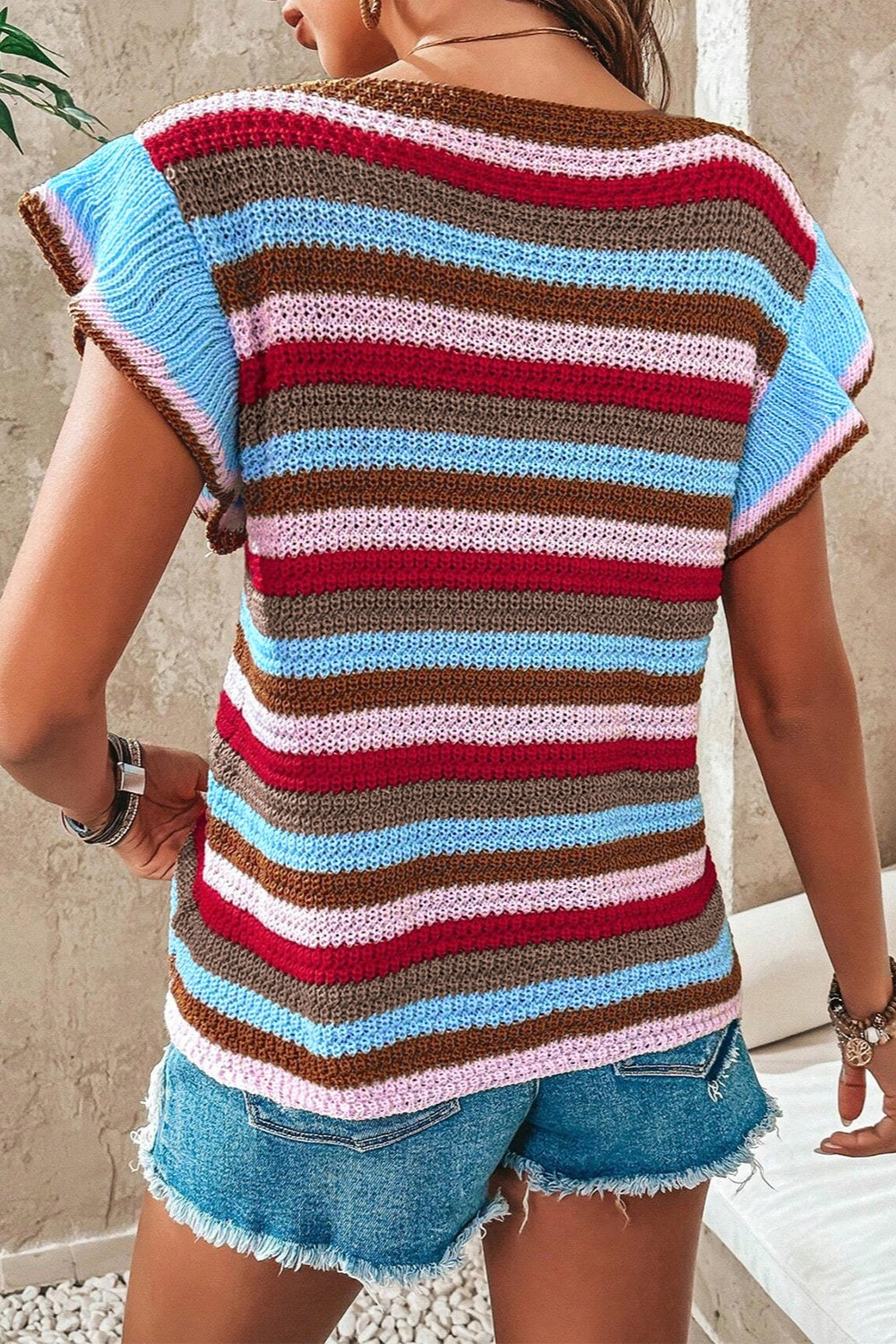 Ruffled Striped V-Neck Cap Sleeve Knit Top-Angel Casuals